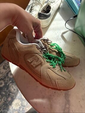 New Balance x Miu Miu Tan Suede Sneakers with Green Laces